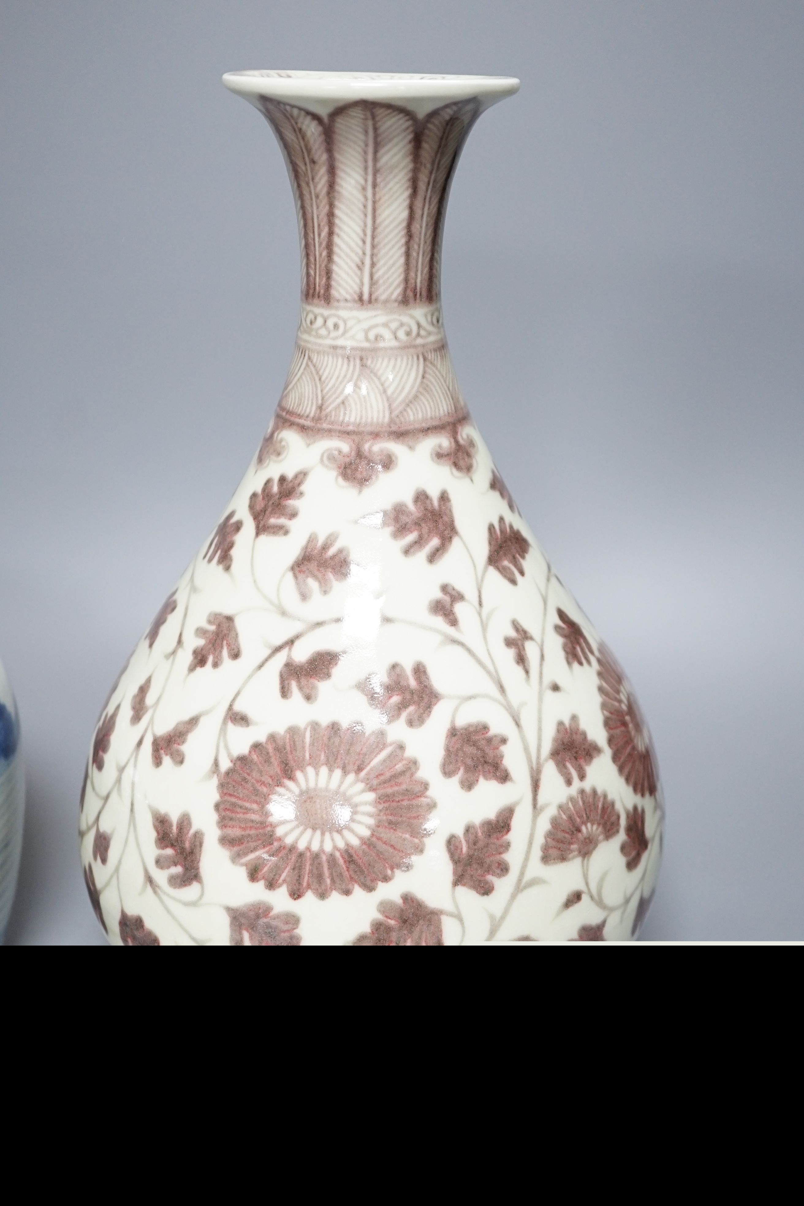 A Chinese red underglaze baluster jar, 32cm, and a 19th century Chinese blue and white ginger jar